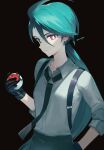  1girl ahoge ainy bangs black_background black_gloves black_necktie bright_pupils closed_mouth collared_shirt commentary_request gloves green_hair grey_shirt highres holding holding_poke_ball long_hair necktie pants poke_ball poke_ball_(basic) pokemon pokemon_(game) pokemon_sv ponytail red_eyes rika_(pokemon) shirt signature simple_background solo suspenders white_pupils 