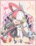  1girl :d black_ribbon headphones holding holding_microphone kankan33333 looking_at_viewer microphone multicolored_hair neck_ribbon one_eye_closed one_piece one_piece_film:_red open_mouth pointing pointing_at_viewer redhead ribbon smile solo split-color_hair studio_microphone two-tone_hair uta_(one_piece) violet_eyes white_hair 