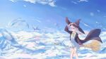 above_clouds absurdres blue_sky broom clouds coat elaina_(majo_no_tabitabi) flying hat highres holding holding_clothes holding_hat long_hair majo_no_tabitabi ribbon scenery skirt sky solo user_fset8853 violet_eyes white_hair witch witch_hat 