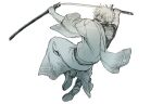  1boy boots from_behind gintama greyscale hadanugi_dousa highres holding holding_sheath holding_sword holding_weapon japanese_clothes katana kimono long_sleeves looking_at_viewer looking_back male_focus monochrome sakata_gintoki sheath shirt shoe_soles short_sleeves simple_background solo sword twitter_username unsheathing uraki_(tetsu420) weapon white_background wide_sleeves 