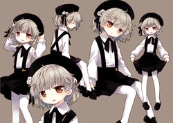  1girl beret black_bow black_bowtie black_footwear black_headwear black_ribbon black_skirt blush bow bowtie brown_eyes closed_eyes collared_shirt expressionless fang flower full_body grey_background grey_hair hat hatoba_tsugu looking_at_viewer mole mole_under_eye multiple_views open_mouth pantyhose profile ribbon rose sakurazawa_izumi shirt short_hair simple_background sitting skin_fang skirt skirt_hold smile suspender_skirt suspenders tsugu_(vtuber) virtual_youtuber white_flower white_pantyhose white_rose white_shirt 