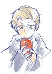  1boy black_coat blonde_hair brown_eyes can coat glasses haikyuu!! highres holding holding_can long_sleeves male_focus short_hair sketch solo tomopiko_1224 tsukishima_kei upper_body white_background 