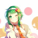  1girl aryuma772 breasts coat flower green_eyes green_hair grin gumi hair_flower hair_ornament hairband highres looking_at_viewer medium_breasts necktie one_eye_closed open_clothes open_coat orange_necktie red_flower shirt short_hair_with_long_locks sidelocks sleeveless sleeveless_shirt smile solo upper_body vocaloid white_background white_coat white_hairband white_shirt yellow_flower 