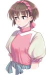  1girl breasts brown_eyes brown_hair closed_mouth gensou_suikoden gensou_suikoden_ii hairband highres looking_to_the_side nanami_(suikoden) senri_iroiro short_hair simple_background solo white_background 