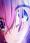  1girl absurdres bangs blue_eyes blurry bocchi_the_rock! close-up closed_mouth eye_focus frown gotou_hitori hair_between_eyes hair_over_eyes highres looking_down myano pink_hair solo sweatdrop 