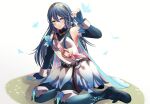  1girl bare_shoulders blue_eyes blue_footwear blue_gloves blue_hair boots breasts bug butterfly detached_sleeves fingerless_gloves fire_emblem fire_emblem_awakening gloves highres long_hair looking_at_viewer lucina_(fire_emblem) official_alternate_costume reia_hana sitting small_breasts smile solo tiara 