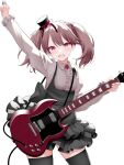  1girl alternate_costume black_thighhighs breasts brown_hair collared_shirt dress_shirt electric_guitar fang frilled_shirt frills grey_skirt guitar high-waist_skirt highres instrument kantai_collection kirigakure_(kirigakure_tantei_jimusho) magatama plectrum red_eyes ryuujou_(kancolle) shirt simple_background skin_fang skirt small_breasts smile solo standing suspender_skirt suspenders thigh-highs twintails white_background white_shirt 