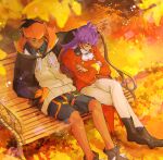  2boys absurdres autumn bench black_hair blush boots brown_footwear buttons closed_eyes closed_mouth collared_shirt commentary crossed_legs dark-skinned_male dark_skin double-breasted earrings headband highres hood hood_down hoodie hover_hand jacket jewelry knees leon_(pokemon) long_hair male_focus multiple_boys orange_headband outdoors pants pokemon pokemon_(game) pokemon_swsh purple_hair raihan_(pokemon) red_jacket shirt shiso_2k shoes shorts sitting sweat tailcoat white_jabot 