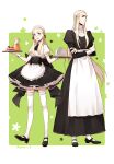  2boys alternate_costume apron aqua_eyes ascot black_ascot black_dress black_footwear black_skirt blonde_hair braid cake cherry collared_shirt crossdressing crossed_arms dated dress drink elf enmaided father_and_son food frilled_apron frilled_dress frills frown fruit full_body garter_straps green_background hair_slicked_back highres holding holding_tray juice juliet_sleeves legolas long_hair long_sleeves looking_at_viewer maid maid_apron maid_headdress male_focus mary_janes miniskirt multiple_boys pointy_ears puffy_short_sleeves puffy_sleeves ru_(famia) serving_dome shirt shoes short_sleeves side_braid skirt smile standing straight_hair the_lord_of_the_rings thigh-highs thranduil tolkien&#039;s_legendarium tray w_arms waist_apron white_apron white_shirt white_thighhighs wrist_cuffs zettai_ryouiki 