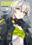  1girl black_jacket breasts candy character_name coll_(erichankun) commentary copyright_name croque_(girls&#039;_frontline_nc) food girls&#039;_frontline_neural_cloud girls_frontline goggles goggles_around_neck gradient_hair grey_background grey_hair hair_between_eyes hair_ornament hairclip highres jacket lollipop long_hair looking_at_viewer multicolored_hair open_clothes open_jacket open_mouth shirt signature simple_background small_breasts solo t-shirt twitter_username upper_body yellow_eyes 