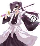 1girl bangs black_ribbon bleach bleach:_the_thousand-year_blood_war cherry_blossoms eyepatch fang hair_between_eyes haori headband highres holding holding_sword holding_weapon japanese_clothes katana long_hair long_sleeves looking_at_viewer mifutatsu over_shoulder ribbon saitou_furoufushi shinigami smile solo sword sword_over_shoulder teeth tongue tongue_out twintails weapon weapon_over_shoulder white_background white_headband 