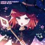  1girl artist_name bangs brown_vest danganronpa_(series) danganronpa_v3:_killing_harmony dated dress_shirt hair_ornament happy_birthday hat holding holding_staff jacket long_sleeves looking_at_viewer mikao_(eanv5385) no_hair_ornament open_mouth redhead shiny shiny_hair shirt short_hair skirt staff star_(symbol) two-tone_shirt vest witch_hat yumeno_himiko 