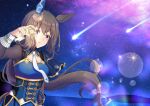  1girl admire_vega_(umamusume) animal_ears blush breasts brown_hair commentary_request falling_star highres horse_ears horse_girl horse_tail kuon_kimi long_hair medium_breasts necktie night ocean open_mouth ponytail sky solo star_(sky) starry_sky tail umamusume violet_eyes 