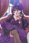  1girl absurdres bangs black_hair blue_eyes blunt_bangs bow choker crossed_legs curtains delicious_party_precure dress gloves grey_gloves hair_bow highres jewelry kasai_amane long_hair mask mask_removed necklace off-shoulder_dress off_shoulder precure purple_bow purple_choker purple_dress shuu_(mniarnoakou) sitting solo 