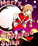  1girl adapted_costume blonde_hair boots english_text engrish_text hat highres holding holding_sack horns ibuki_suika jacket merry_christmas one_eye_closed oni_horns ranguage red_footwear red_jacket rozugadena sack santa_costume santa_hat smile solo touhou two-tone_skirt 