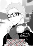  1boy disembodied_limb english_text gift glasses greyscale haikyuu!! headphones highres holding holding_gift looking_at_viewer male_focus monochrome outdoors portrait solo spot_color standing tomopiko_1224 tsukishima_kei upper_body 