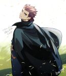  1boy black_cape cape closed_mouth commentary_request falling_leaves grey_eyes hand_on_hip lance_(pokemon) leaf long_sleeves male_focus pants pokemon pokemon_(game) pokemon_hgss redhead short_hair signature smile solo spiky_hair standing y_(036_yng) 