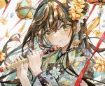  1girl bangs black_kimono blue_flower blue_hair blue_nails brown_hair bubble colored_inner_hair earrings floral_print flower flute gold_earrings green_eyes hair_between_eyes hair_flower hair_ornament highres holding holding_instrument instrument japanese_clothes jewelry kimono lantern light_blue_hair light_blue_kimono long_hair looking_at_viewer multicolored_eyes multicolored_hair orange_flower original painting_(medium) paper_lantern parted_lips red_ribbon ribbon shiny shiny_hair single_earring sleeves_past_elbows solo stick traditional_media twitter_username watercolor_(medium) watermark white_background wide_sleeves yellow_flower yukoring 