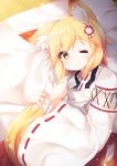  1girl animal_ears closed_mouth fox_ears fox_girl fox_tail hair_ornament one_eye_closed senko_(sewayaki_kitsune_no_senko-san) sewayaki_kitsune_no_senko-san smile tail torii_(kedamatori) 