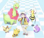  1girl ataru_(ataru-littlebird) beedrill belt belt_buckle buckle casey_(pokemon) checkered_floor clenched_hand closed_mouth commentary_request elekid green_shirt hand_up hat highres holding jacket knees long_hair looking_at_viewer meganium pidgey pokemon pokemon_(anime) pokemon_(classic_anime) pokemon_(creature) purple_hair rattata red_footwear shirt shoes shorts smile socks standing texture twintails white_headwear white_shorts white_socks yellow_jacket 