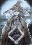  1girl absurdres blue_eyes blue_hair cape cracked_skin doll_joints elden_ring extra_arms extra_faces fur_cape hat hazuki_kono highres joints large_hat looking_at_viewer one_eye_closed ranni_the_witch solo witch_hat 