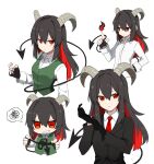  1girl black_gloves black_hair business_suit buttons demon_girl demon_tail fingerless_gloves fire formal gloves goat_girl goat_horns green_vest highres horizontal_pupils horns knot long_hair long_sleeves looking_at_viewer mothkoisi multicolored_hair necktie original red_eyes redhead shirt simple_background suit tail two-tone_hair vest white_background white_shirt 