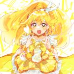  1girl blonde_hair blush bow cure_peace double_v earrings hair_flaps heart highres jewelry kise_yayoi kotoha magical_girl open_mouth precure smile smile_precure! solo v wide_ponytail yellow_bow yellow_eyes yellow_theme 