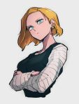  1girl android_18 black_shirt blonde_hair blue_eyes closed_mouth dragon_ball dragon_ball_z earrings green_eyes jewelry kemachiku looking_away shirt short_hair simple_background solo striped_sleeves upper_body white_sleeves 