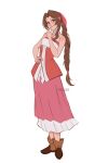  1girl aerith_gainsborough artist_name bangs bare_arms bare_shoulders blush boots braid braided_ponytail breasts brown_footwear brown_hair dress final_fantasy final_fantasy_vii finger_to_mouth full_body green_eyes hair_ribbon halterneck hand_on_hip highres kingdom_hearts kingdom_hearts_ii long_hair looking_at_viewer medium_breasts parted_bangs pink_dress red_dress red_ribbon ribbon sidelocks smile solo standing vanekairi white_dress 