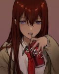 1girl asobo_u bag brown_background brown_hair can collared_shirt dr_pepper drinking drinking_straw hair_between_eyes half-closed_eyes holding holding_can long_hair long_sleeves looking_at_viewer makise_kurisu necktie open_mouth red_necktie shiny shiny_hair shirt simple_background sketch solo steins;gate straight_hair upper_body violet_eyes white_shirt wing_collar 