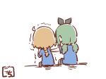  2022_fifa_world_cup 2girls ahoge artist_name assault_lily bed_sheet black_bow black_shorts blue_shirt bow braid braided_ponytail brown_shirt chibi comforting facing_away from_behind futagawa_fumi gochisousama_(tanin050) green_hair hair_bow hand_on_another&#039;s_shoulder hand_up long_hair low_ponytail low_twintails multiple_girls orange_hair outstretched_arm shirt short_sleeves shorts simple_background single_braid sitting trembling twintails white_background world_cup yamanashi_hibari 