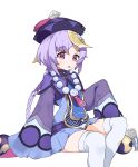  1girl 1other bangs bead_necklace beads cape chinese_clothes coin_hair_ornament commentary_request genshin_impact hair_between_eyes hair_ornament hat hilichurl_(genshin_impact) jewelry jiangshi long_hair long_sleeves low_ponytail mearyo necklace ofuda orb parted_lips purple_hair qing_guanmao qiqi_(genshin_impact) sidelocks simple_background sitting sleeves_past_wrists thigh-highs violet_eyes vision_(genshin_impact) white_background white_thighhighs yin_yang yin_yang_orb zettai_ryouiki 