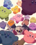 :o armor bat_wings black_wings blue_eyes blue_gemstone blurry blurry_foreground blush blush_stickers boots closed_mouth commentary_request crack cracked_mask dark_meta_knight depth_of_field full_body gem highres holding holding_sword holding_weapon kirby kirby_(series) mask miclot multiple_persona no_humans open_mouth parted_lips red_footwear shoulder_armor simple_background sitting smile solid_oval_eyes spiked_wings spikes sword violet_eyes weapon wings yellow_background yellow_eyes 