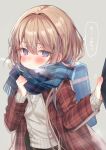  1girl aran_sweater bag bangs blue_scarf blush brown_hair closed_mouth commentary_request ebihara_beniko fringe_trim grey_background grey_sweater hair_between_eyes hair_intakes highres jacket open_clothes open_jacket original plaid plaid_jacket plaid_scarf red_jacket scarf school_bag school_uniform shirt simple_background solo sweater translation_request violet_eyes white_shirt 