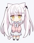  1girl :&lt; animal_ear_fluff animal_ears bangs black_bow black_footwear blush_stickers bow cat_ears cat_tail chibi closed_mouth commentary_request diagonal_stripes full_body grey_background hair_between_eyes hair_bow highres long_hair long_sleeves looking_at_viewer nakkar original pink_sweater pleated_skirt puffy_long_sleeves puffy_sleeves sailor_collar school_uniform serafuku shoes signature skirt sleeves_past_wrists socks solo standing striped striped_background sweater tail twintails very_long_hair white_bow white_hair white_sailor_collar white_skirt white_socks yellow_eyes 