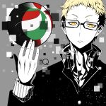  1boy blonde_hair collared_shirt glasses haikyuu!! headphones headphones_around_neck highres long_sleeves looking_at_viewer mahkn male_focus school_uniform shirt short_hair solo tsukishima_kei upper_body volleyball yellow_eyes 