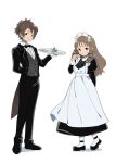 1boy 1girl alec_(arc_the_lad) anrietta_rochefort apron arc_s0222 arc_the_lad arc_the_lad_iii black_hair breasts brown_hair closed_mouth dress formal full_body long_hair looking_at_viewer maid maid_apron maid_headdress puffy_sleeves simple_background smile suit white_background 