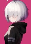  1girl ahoge arc_9_(mikoscrub) black_hoodie breasts closed_mouth covered_eyes from_side grey_hair hair_over_eyes highres hood hood_down hoodie mikoscrub original pink_background short_hair simple_background small_breasts solo upper_body 