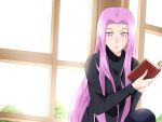  14_riatsu 1girl black_sweater blush fate/grand_order fate/stay_night fate_(series) highres holding long_hair looking_at_viewer medusa_(fate) medusa_(rider)_(fate) sitting smile sweater type-moon violet_eyes window 