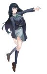  :&lt; absurdres arm_at_side bangs belt black_belt black_hair black_socks blue_jacket blue_skirt breasts brown_footwear commentary english_commentary finger_gun foot_up full_body highres holding inoue_takina jacket kneehighs loafers long_hair looking_ahead lycoris_recoil lycoris_uniform medium_breasts outstretched_arms parted_lips psy-cho rubber_band shoes simple_background skirt socks tiptoes very_long_hair violet_eyes white_background 