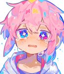  1girl bangs blue_eyes blush bright_pupils commentary_request crossed_bangs crying crying_with_eyes_open fang fang_out hair_between_eyes heterochromia highres hood hoodie open_mouth original pink_eyes pink_hair purple_shirt shirt short_hair simple_background solo tears uenomigi white_background white_hoodie white_pupils 