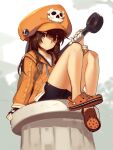  anchor bike_shorts boa_(brianoa) brown_eyes brown_hair crocs guilty_gear hat highres holding holding_anchor hood hoodie looking_at_viewer may_(guilty_gear) orange_footwear orange_headwear orange_hoodie smile 