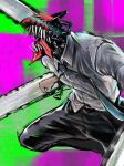  1boy absurdres black_necktie black_pants blue_eyes breast_pocket chainsaw_man collared_shirt denji_(chainsaw_man) green_background highres katoretsu_(universe) necktie open_mouth pants pocket pull_cord purple_background shirt simple_background solo tongue tongue_out two-tone_background white_shirt 
