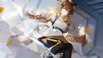  1girl absurdres aniao_ya animal_ears black_pants breasts brown_eyes brown_hair commentary_request cube girls&#039;_frontline_neural_cloud girls_frontline gloves hair_ornament highres jewelry labcoat large_breasts looking_at_viewer necklace off_shoulder pants paper shirt sitting solo turing_(girls&#039;_frontline_nc) weibo_username white_shirt yellow_gloves 