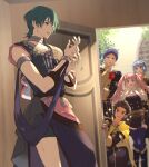  2girls 3boys armlet ascot bangs belt black_hair blue_hair blue_thighhighs blunt_bangs blush_stickers bob_cut braid brown_eyes buttons byleth_(fire_emblem) byleth_eisner_(male) cape claude_von_riegan collar commentary crown_braid dancer_(three_houses) dark-skinned_male dark_skin door earrings fire_emblem fire_emblem:_three_houses flower garreg_mach_monastery_uniform green_eyes hair_between_eyes highres hilda_valentine_goneril jewelry long_hair lorenz_hellman_gloucester marianne_von_edmund multiple_boys multiple_girls official_alternate_costume open_door pink_eyes pink_hair purple_hair red_flower red_rose rose shiroi_(shiroicbe) short_hair smile thigh-highs twintails twitter_username uniform violet_eyes white_ascot yellow_cape 