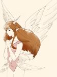  1girl akura_(arc_the_lad) arc_the_lad arc_the_lad_ii brown_eyes brown_hair choko_(arc_the_lad) closed_mouth hands_on_own_chest highres horns leotard long_hair marusa_(marugorikun) mini_wings multiple_wings simple_background solo wings 