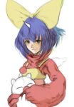  1girl blue_hair bodysuit bow closed_mouth eiko_carol final_fantasy final_fantasy_ix gloves green_eyes hair_bow highres horns kannoaki looking_at_viewer moogle short_hair simple_background single_horn smile solo white_background yellow_bow 