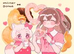  2girls ahoge animal_ears bangs bow brown_hair cat_ears closed_eyes delicious_party_precure doughnut eating food hair_bow heart heart-shaped_food kiocotton kome-kome_(precure)_(human) long_hair multiple_girls nagomi_yui pink_bow pink_hair precure short_sleeves two_side_up watch watch 