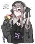  1girl alternate_costume alternate_hairstyle black_dress breasts cup dated disposable_cup dress drinking drinking_straw grey_jacket headdress highres jacket kantai_collection large_breasts long_hair long_sleeves pola_(kancolle) simple_background solo toriniku_senshi_chikinman twintails twitter_username upper_body white_background 