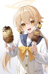  blue_archive blue_sailor_collar cardigan food hair_flaps halo hifumi_(blue_archive) highres ice_cream ice_cream_cone light_brown_hair low_twintails plus1024 sailor_collar twintails white_cardigan wing_hair_ornament yellow_eyes 